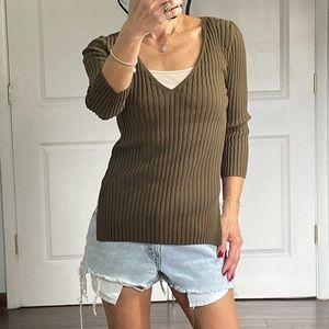 Apiece Apart Olive Green Ribbed Knit Top size L